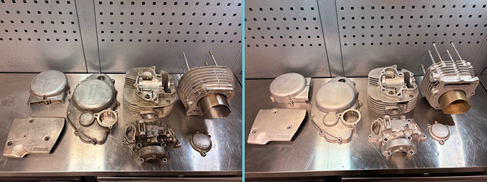 Yamaha motorcycle engine castings before and after VMC vapour blasting