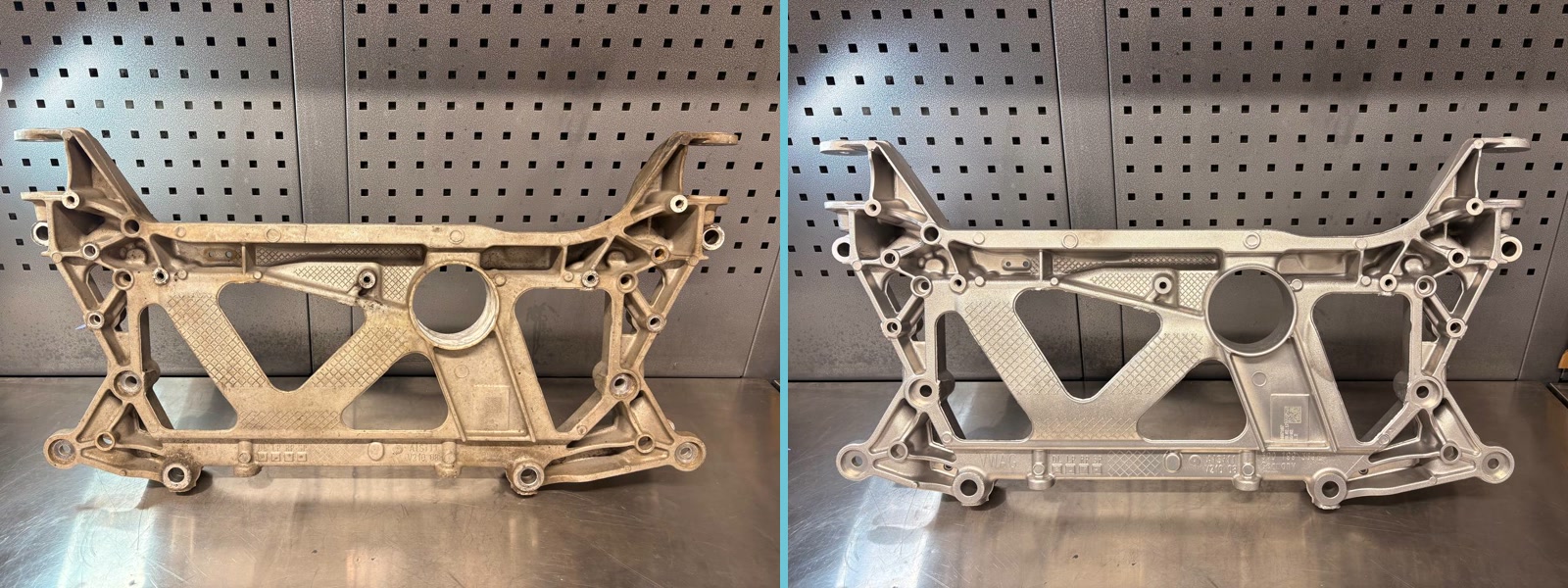 VW cast aluminium automotive component before and after VMC vapour blasting