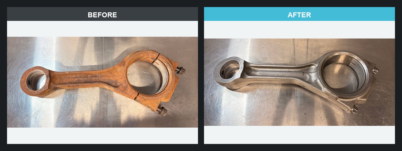Large rusted steel connecting rod before and after VMC vapour blasting and ACF-50 treatment
