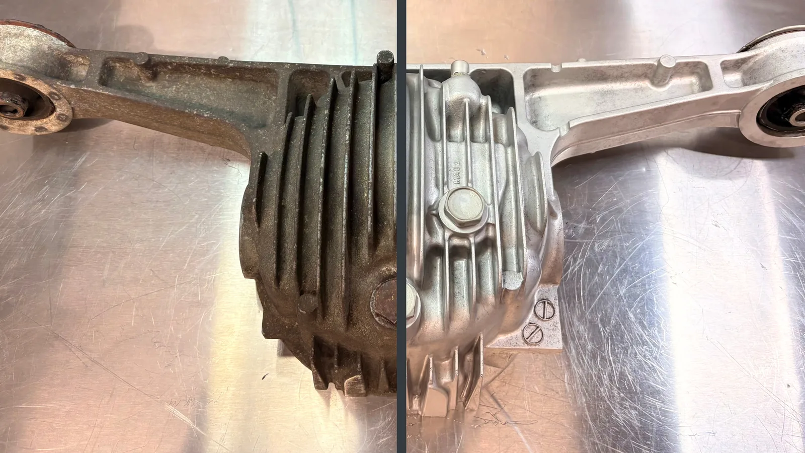 Before and after vapour blasted metal component
